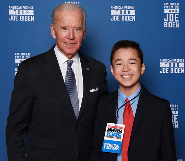 Max and VP Joe Biden pose for a picture at the Wilbur Theatre in Boston