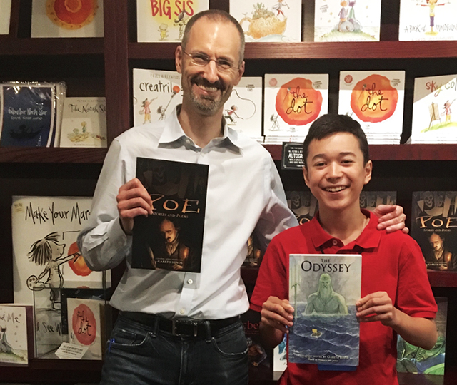  Max with author Gareth Hinds at Blue Bunny Books in Dedham, Massachusetts