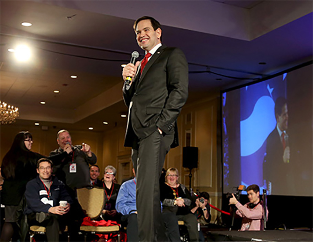 Florida Senator Marco Rubio, a top Republican candidate for president, addresses voters at the “First-in-the-Nation Presidential Town Hall” on January 23 in Nashua, New Hampshire.