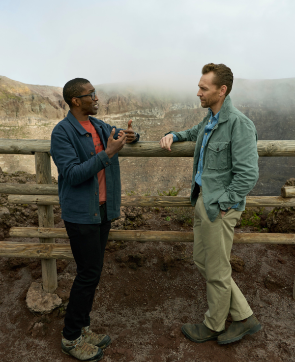 Professor Chris Jackson and Tom Hiddleston discuss the events at Pompeii from atop Mt. Vesuvius. (National Geographic/Paolo Verzone) 