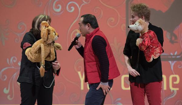 Sesame Street Muppeteers Pam Arciero, Alan Muraoka, and Jennifer Barnhart perform for young people at the Met. (Photo by Don Pollard, courtesy of the Metropolitan Museum of Art)