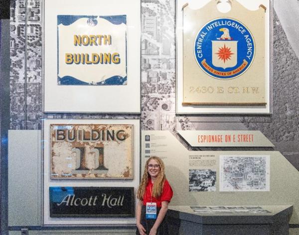 Coco inside the museum next to the sign for Alcott Hall, which was a building used by the CIA before they moved to their current headquarters in Langley, Virginia Coco inside the museum next to the sign for Alcott Hall, which was a building used by the CIA before they moved to their current headquarters in Langley, Virginia