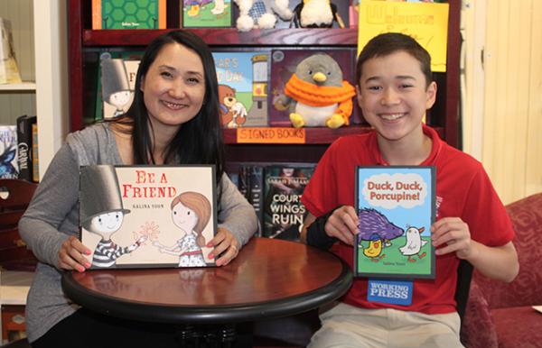 Salina Yoon and Max at The Blue Bunny Bookstore in Dedham, Massachusetts.