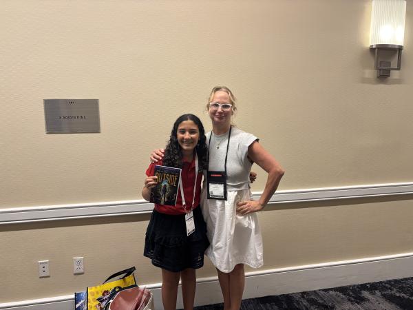 Sara pictured with Jennifer Holm, author of Outside Sara pictured with Jennifer Holm, author of Outside
