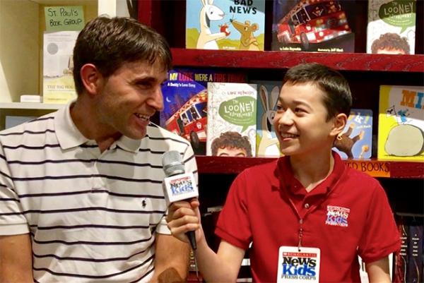 Max and children's author Luke Reynolds at The Blue Bunny Bookstore in Dedham, Massachusetts