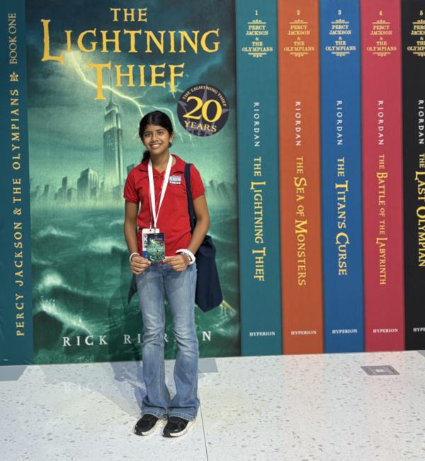Kid Reporter Leyla Saldanha attends a Percy Jackson celebration at Disney's New York City headquarters. 