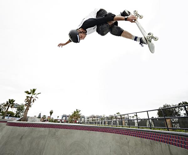 Tony Hawk takes flight on his skateboard. 