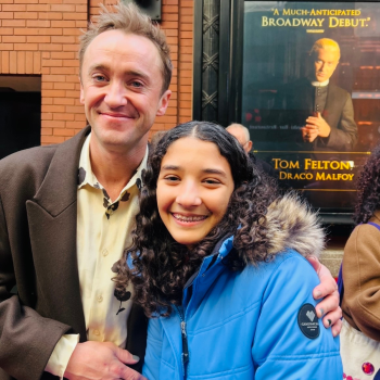 Kid Reporter Sara Adibi with actor Tom Felton 
