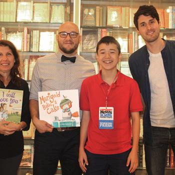 Max with picture book authors and illustrators at Books of Wonder in New York (left to right: Alyssa Satin Capucilli, Mike Malbrough, Max, and Brendan Wenzel)