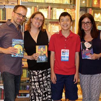 Max and middle grade fantasy authors at Books Of Wonder in New York (left to right: William Alexander, Tui T. Sutherland, Max, and Sarah Darer Littman)