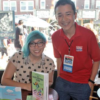 Maxwell and cartoonist Gale Galligan catch up at the Scholastic Reading Road Trip at Blue Bunny Books in Dedham, Massachusetts.