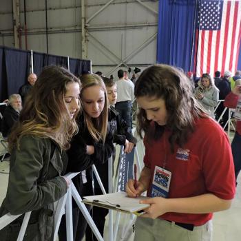 Kyra interviews students at a Trump rally in Columbus, Ohio, on March 1.