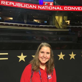 Kyra on the floor of the Quicken Loans Arena during the Republican National Convention