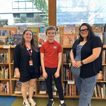 Scholastic Kid Reporter Owen Marksbury with Nancy Eyre and Bry Hoeg of Powell’s City of Books.  