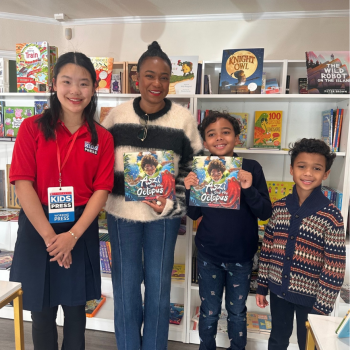 Kid Reporter Enya Yang with author and actor Tatyana Ali and her sons. 