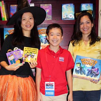 Max with children's illustrator Jannie Ho and children's author Anika Denise at The Blue Bunny Bookstore in Dedham, Massachusetts