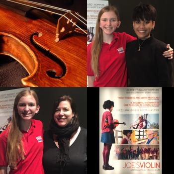 Top right, Skylar with Brianna Perez, bottom left, Skylar with Kathleen Drohan, bottom right, Joe's Violin movie poster