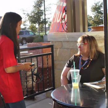 Bridget speaks with Joan Carr, a local poll worker